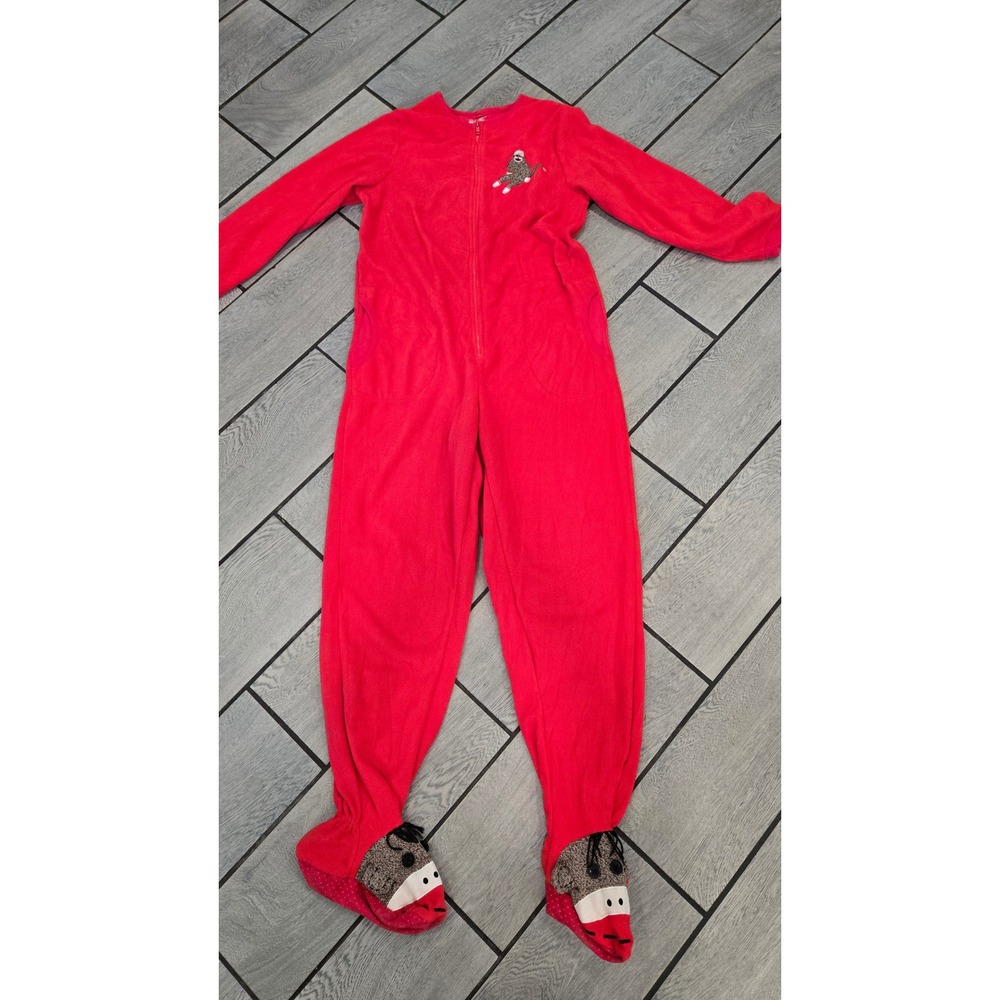 Nick & Nora Red Fleece Sock Monkey Footed Pajamas Union Suit Sleeper Medium